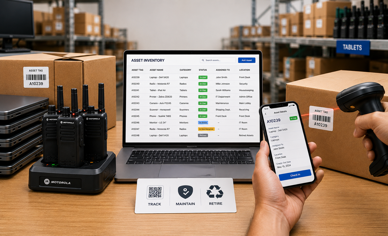 Asset alerts dashboard on a laptop and phone showing overdue and upcoming maintenance