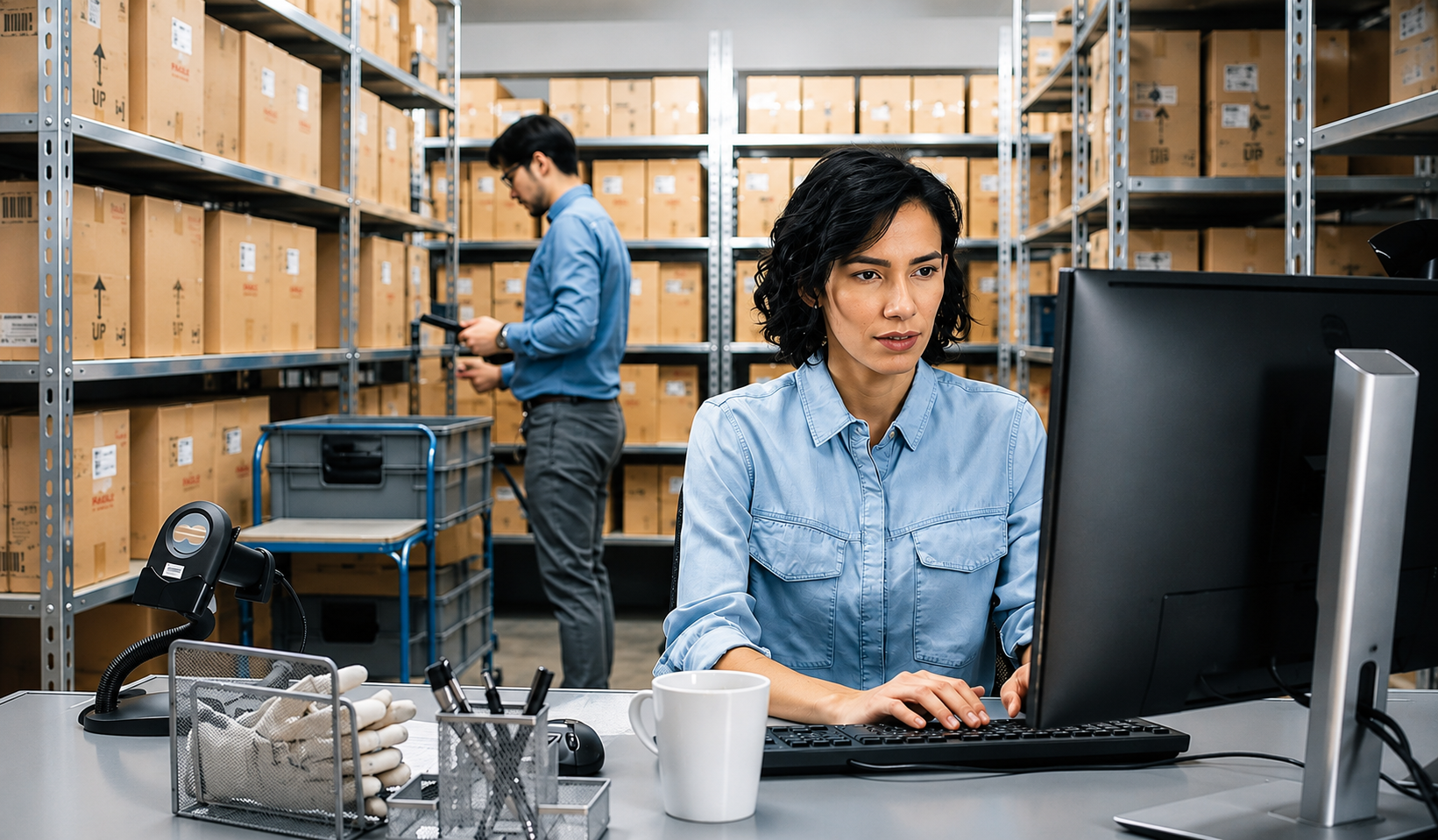 Warehouse staff tracking inventory and assets on a computer with a barcode scanner