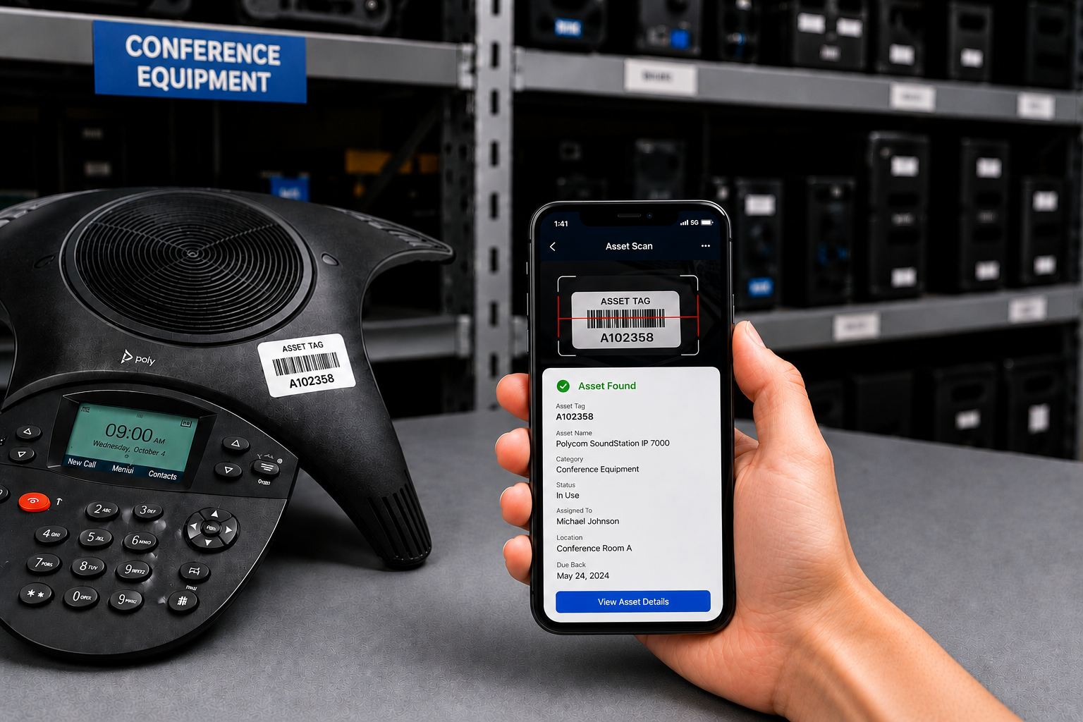 Phone scanning a conference-equipment asset tag and confirming the asset&rsquo;s details and holder