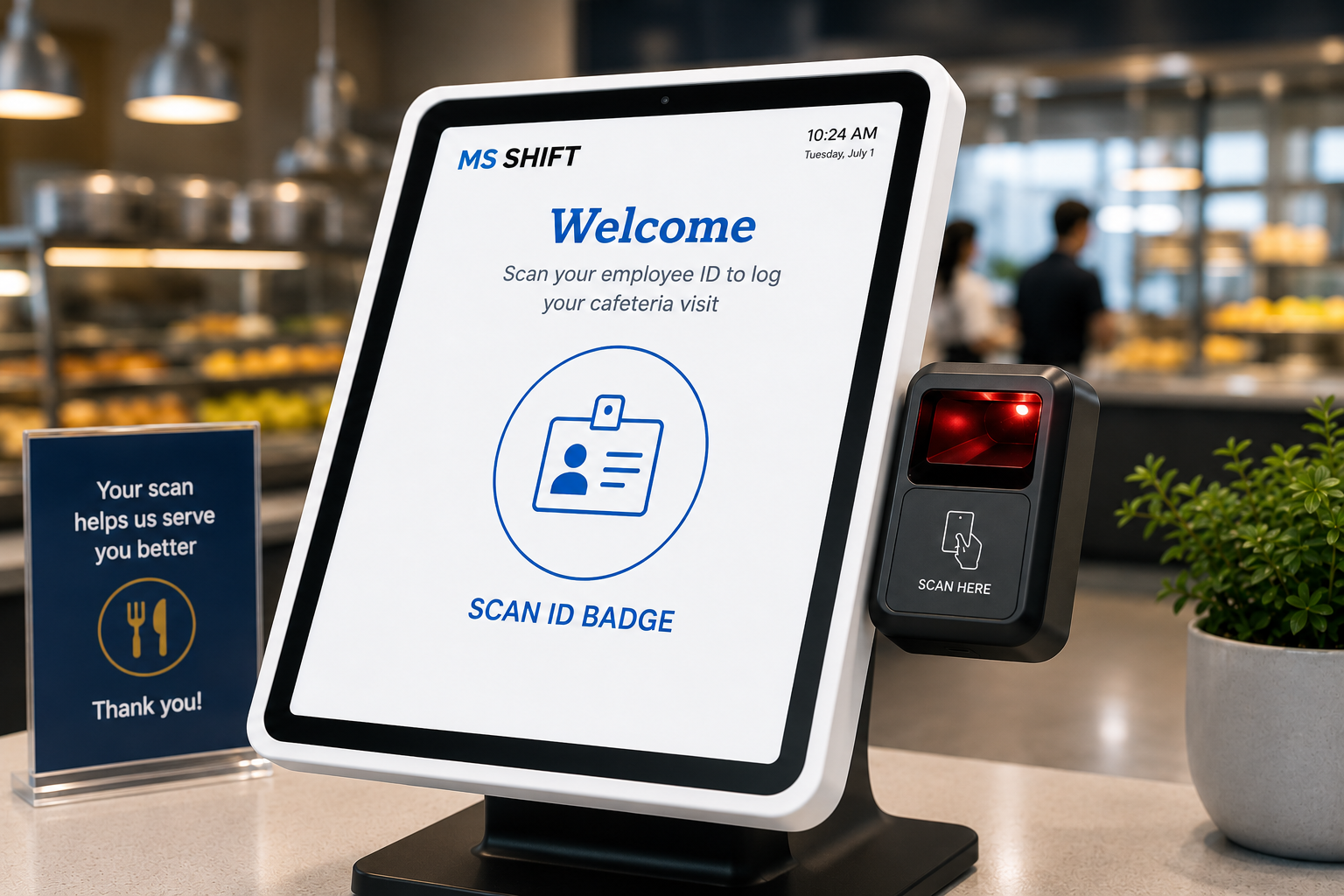 Cafeteria badge-scan kiosk logging an employee meal visit