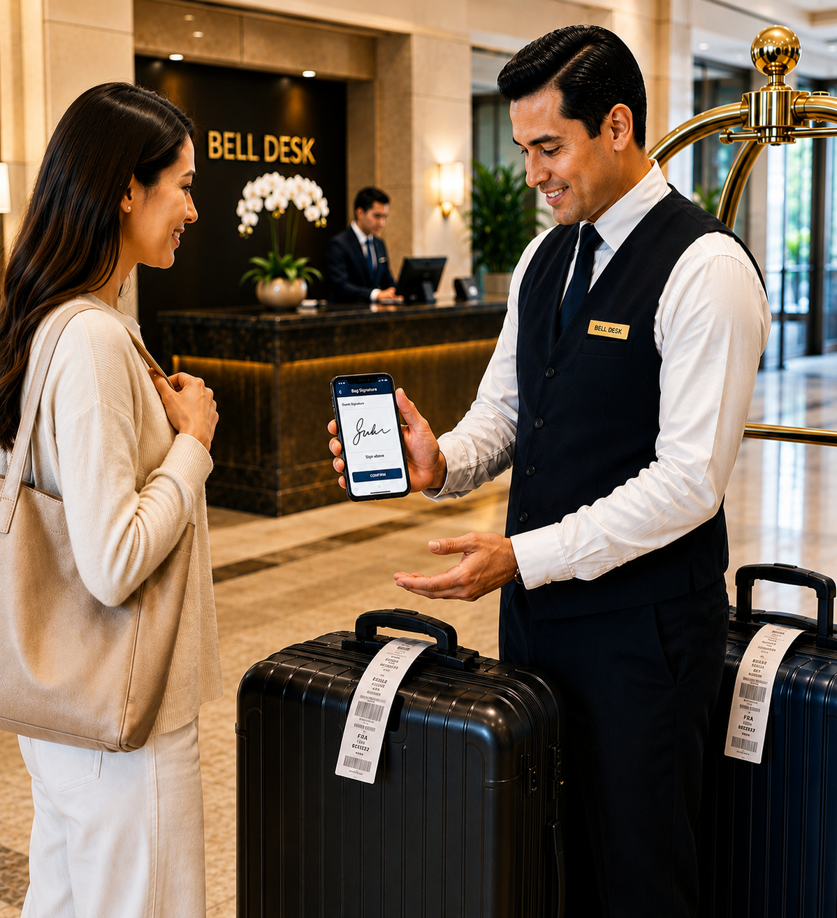 Bell attendant using the MS SHIFT Bell mobile app beside a luggage cart