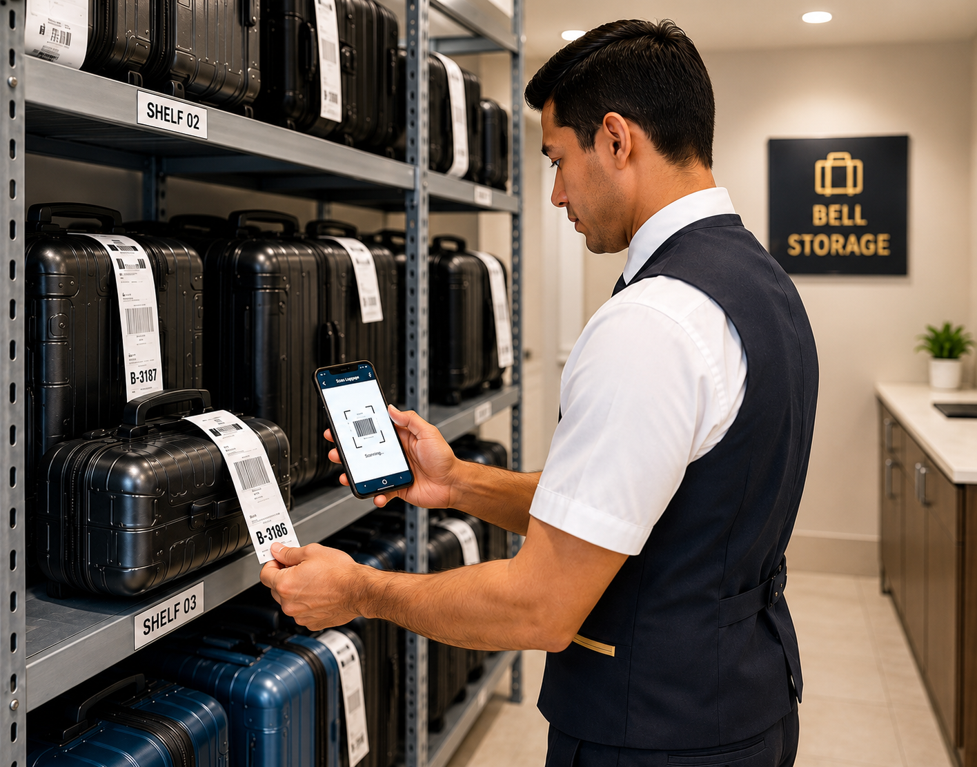 Bell attendant checking barcoded luggage on shelves in bell storage with the MS SHIFT Bell app