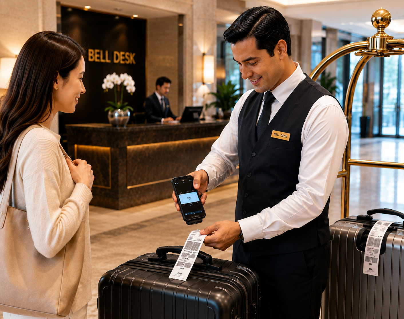 Bell attendant tagging and scanning barcoded luggage for a guest at check-in