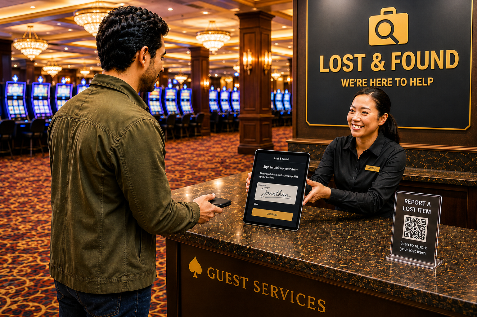 Casino staff returning a lost wallet to a guest