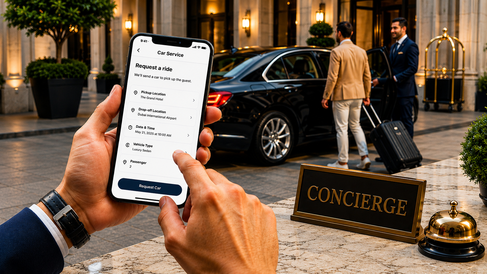 Guest requesting a car service from the MS SHIFT concierge app outside a luxury hotel