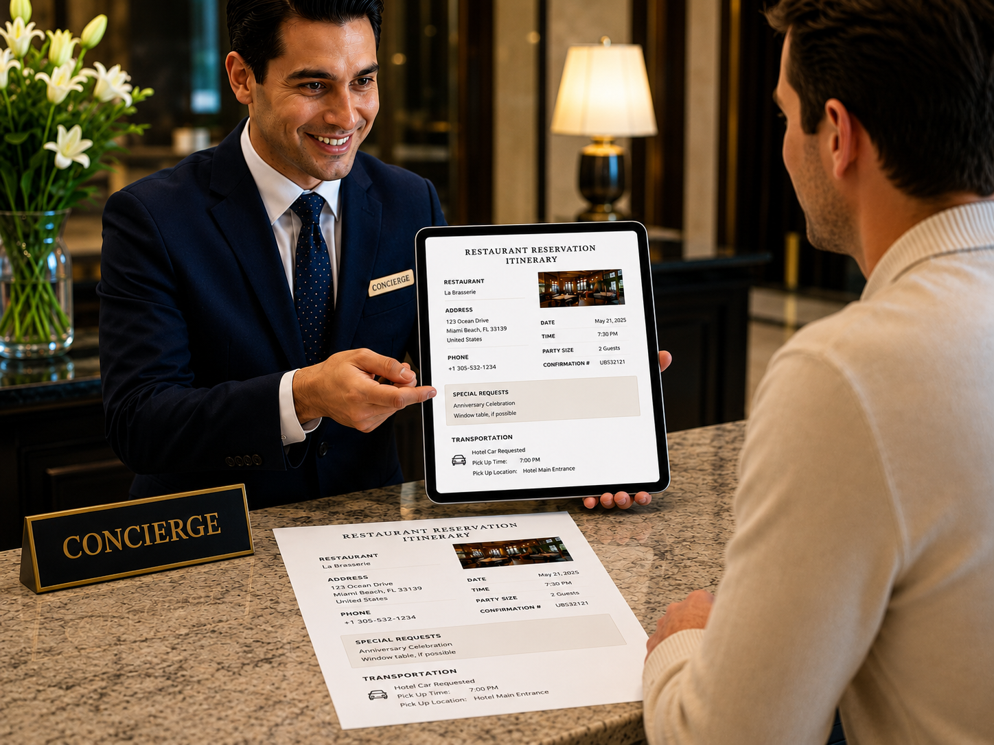 Concierge presenting a custom guest reservation itinerary on a tablet
