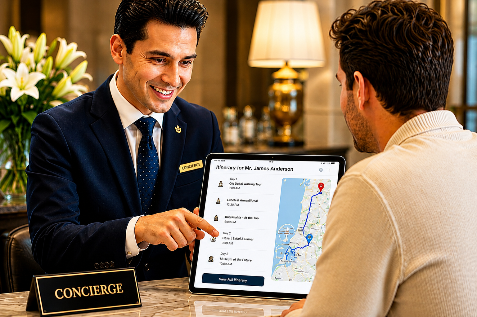 Concierge showing a guest local recommendations on a tablet