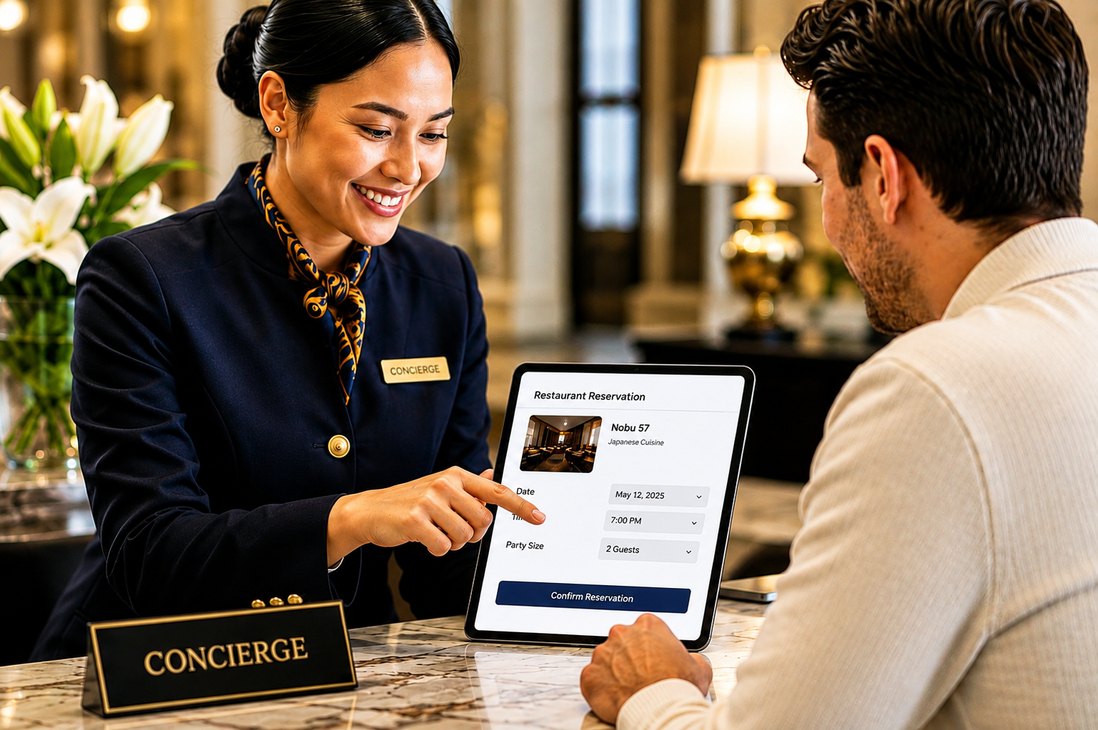 Concierge helping a guest confirm a restaurant reservation on a tablet