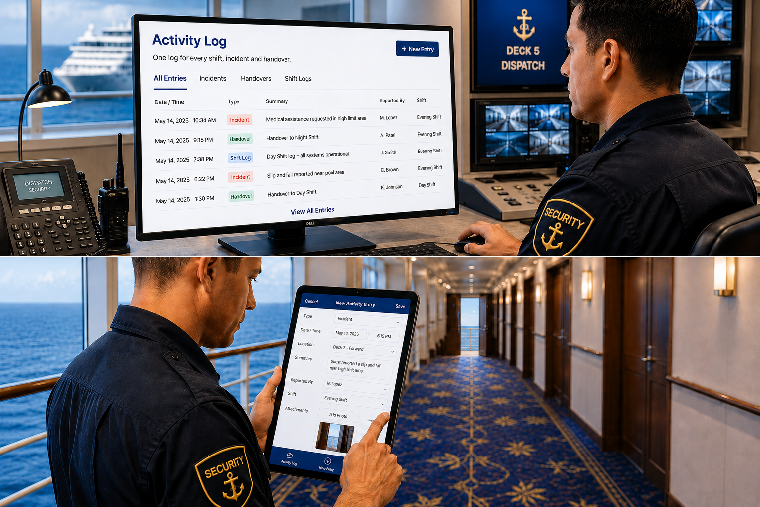 A security officer reviewing the daily activity log on a monitor and logging a new entry on a tablet
