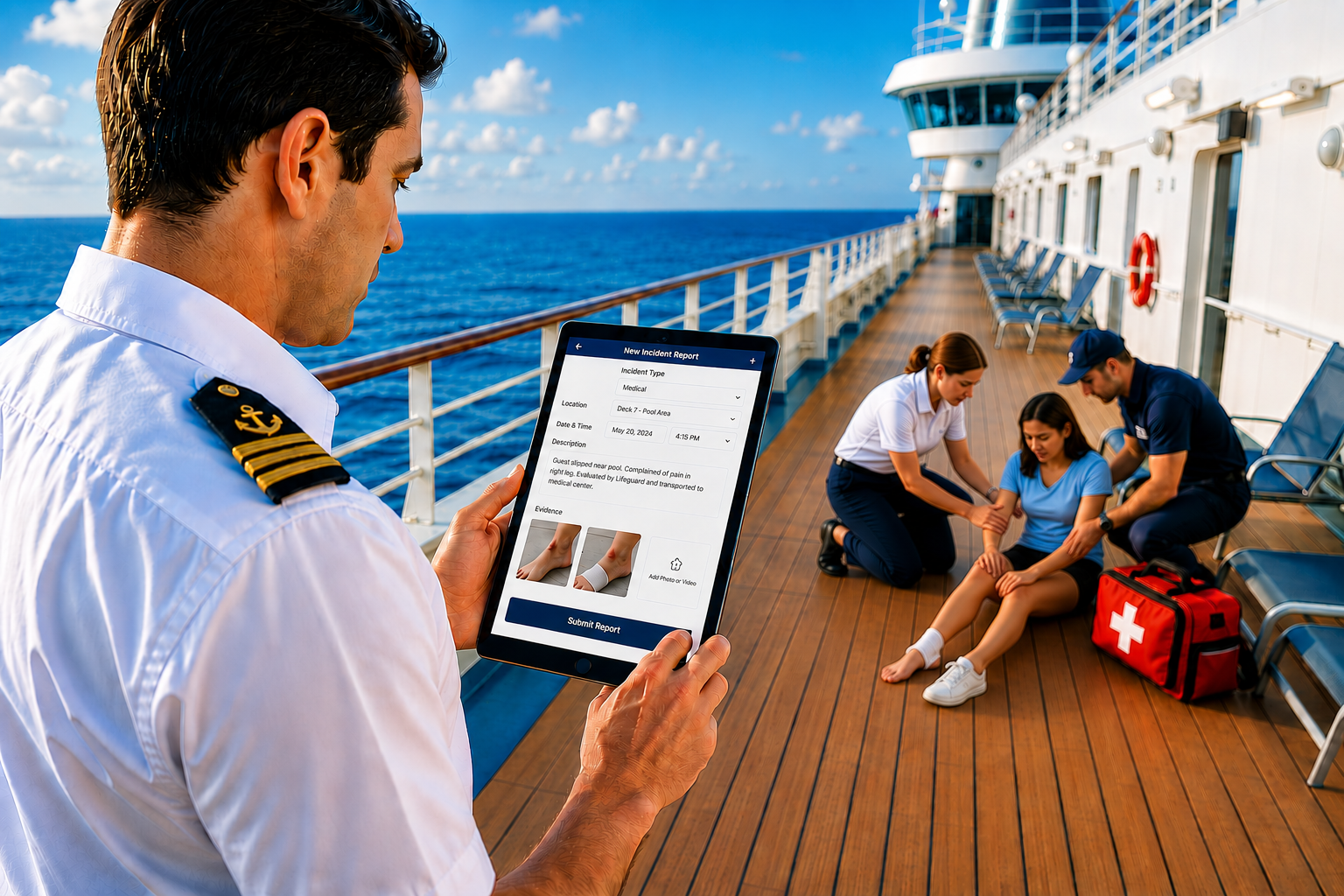 An officer filing a New Incident Report on a tablet while medical staff assist a guest on deck