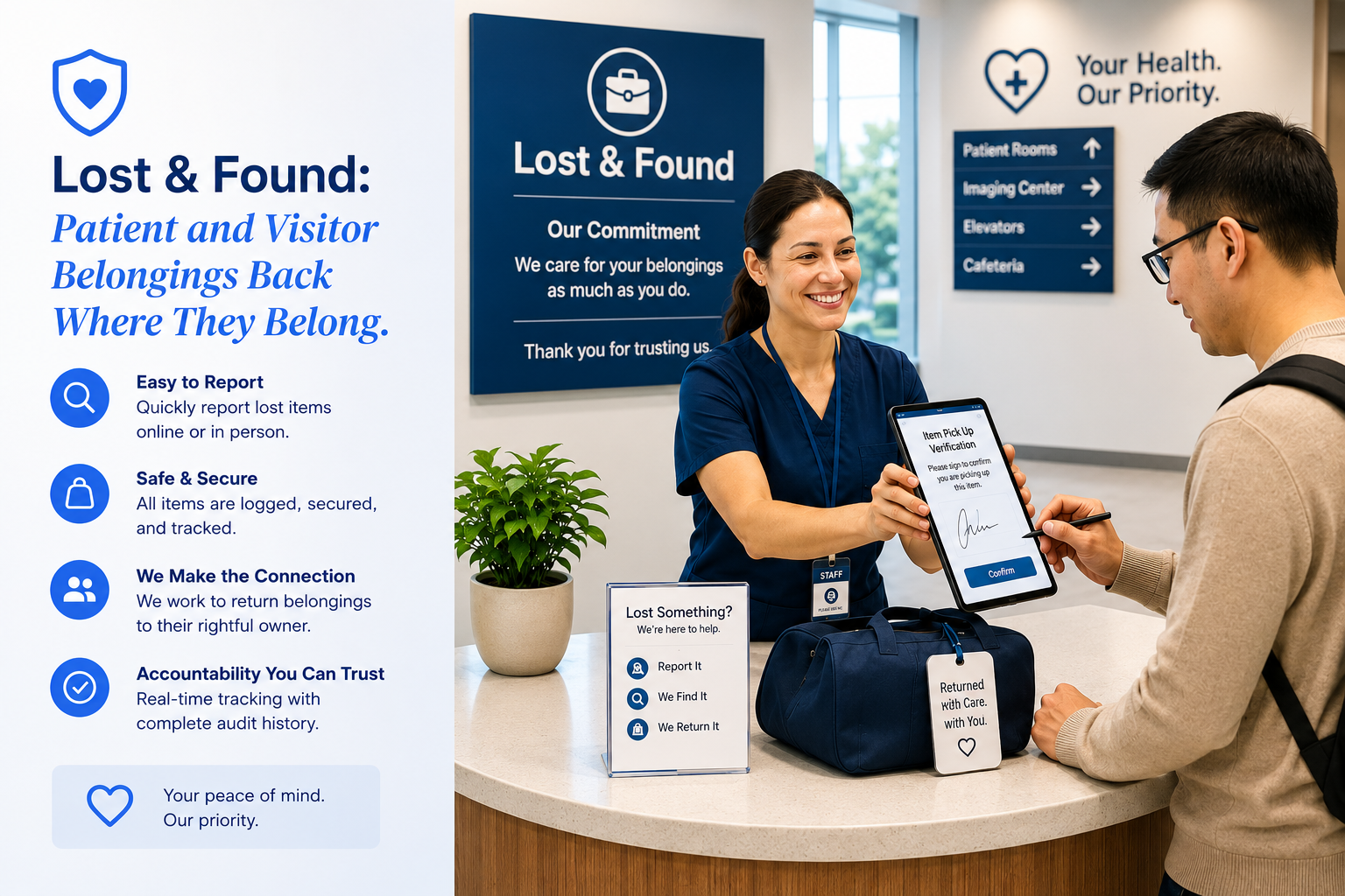 Hospital staff returning a lost bag to a visitor