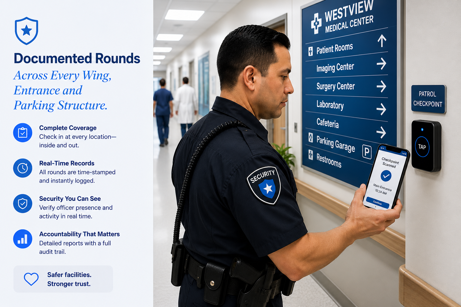Hospital security officer scanning a patrol checkpoint