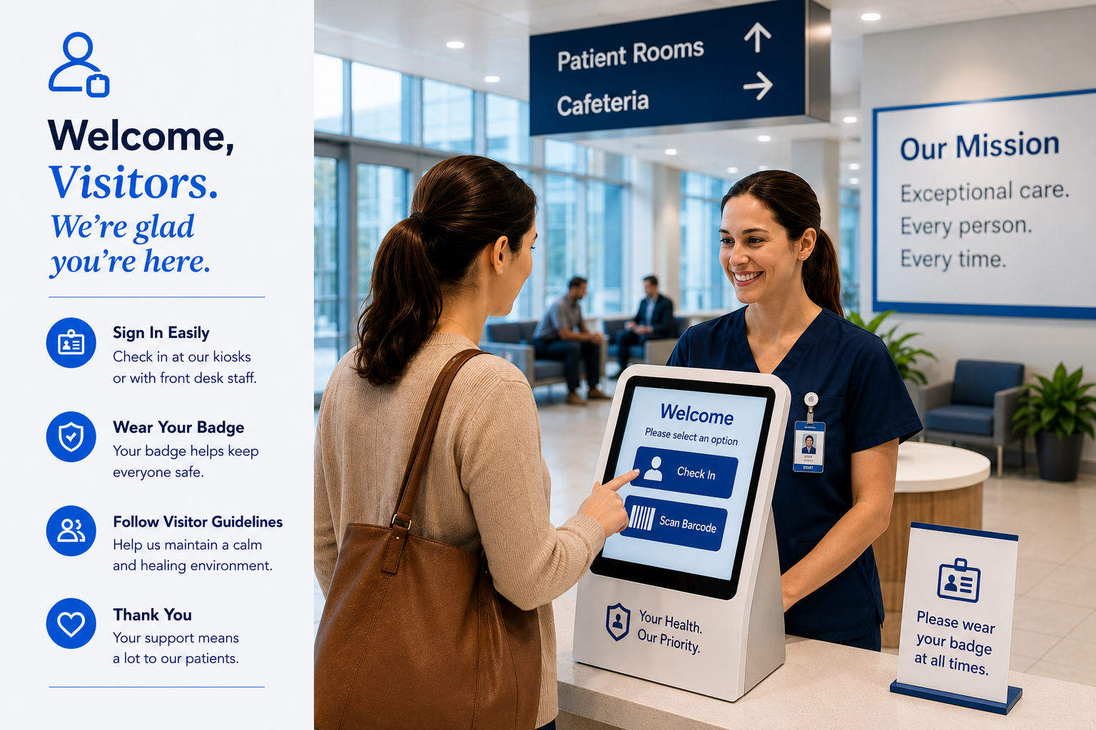 Visitor, vendor and contractor check-in at a hospital entrance