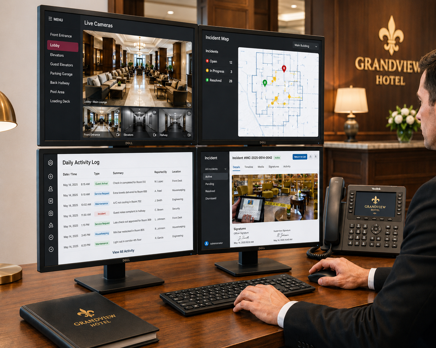 A hotel security command center showing live cameras, an incident map and the daily activity log