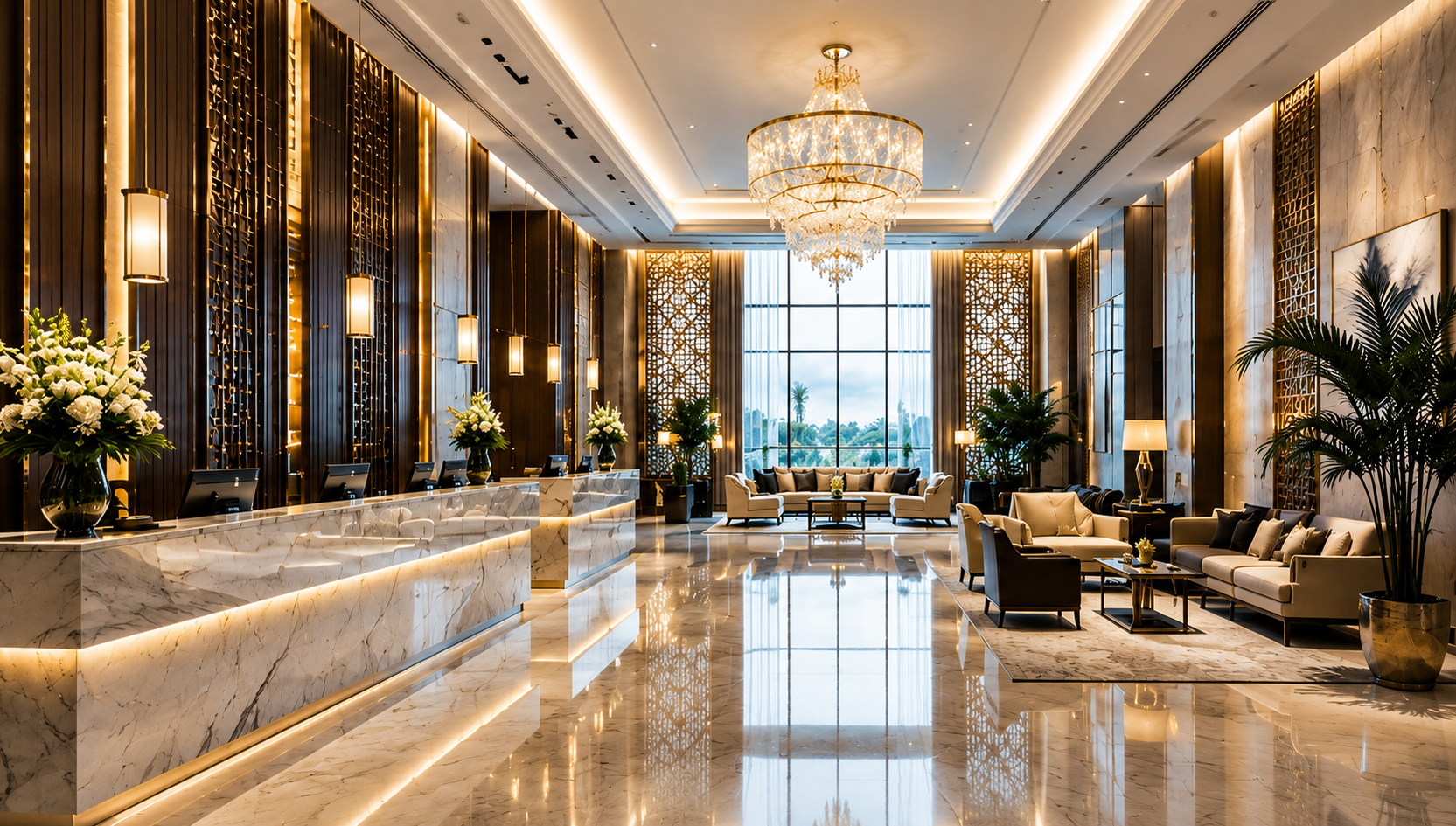 A luxury hotel lobby with reception desk and lounge