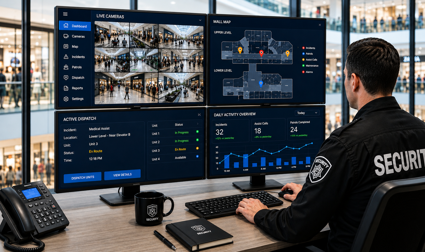 Security control room dashboard showing live cameras, mall map and daily activity