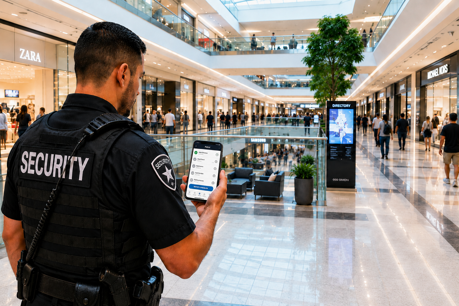 Security officer scanning a patrol checkpoint on a phone inside a mall