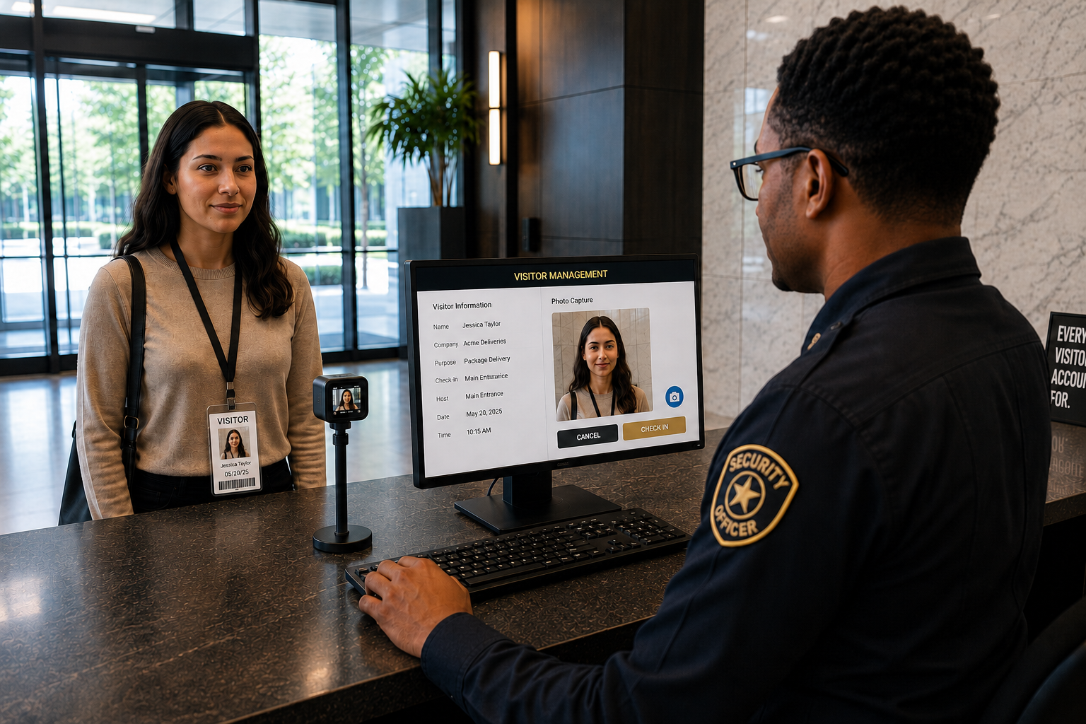Officer checking in a visitor and capturing a photo at a mall entrance