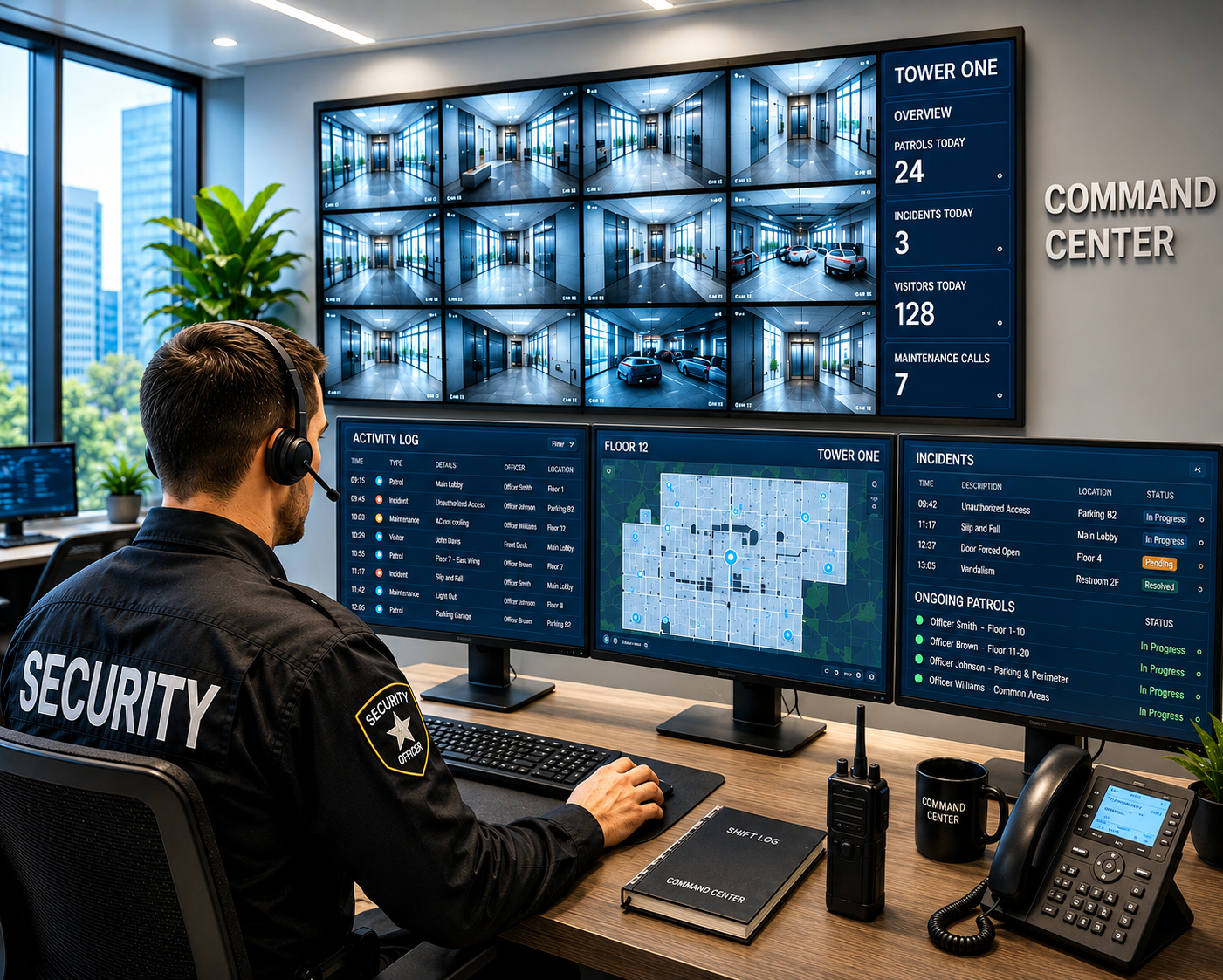 Security operator monitoring the daily activity log in an office command center