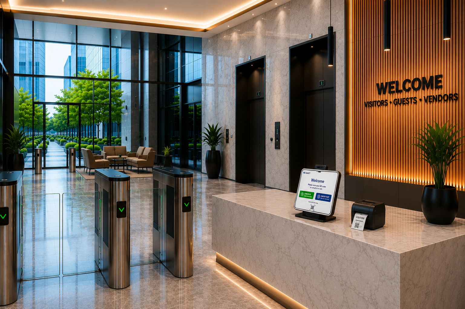 Visitor management in an office lobby with a check-in kiosk and turnstiles