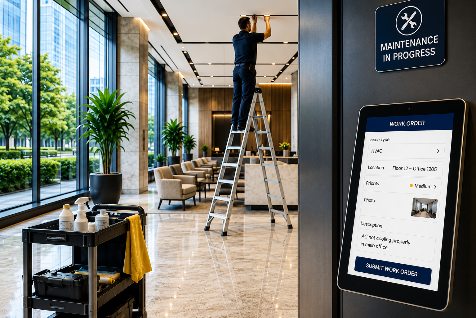 Logging a work order on a tablet during office building maintenance