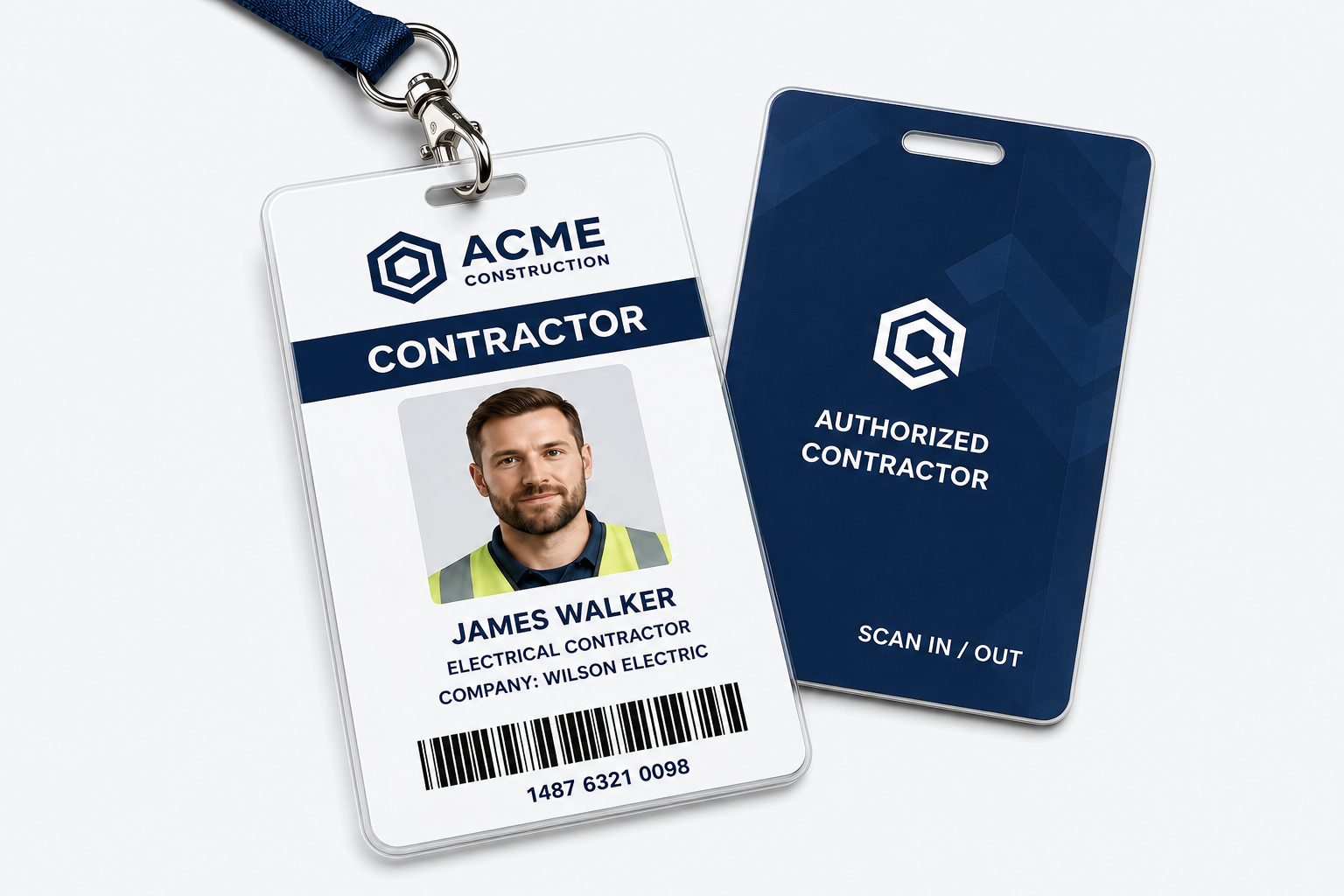 Authorized contractor photo ID badge on a lanyard with a scan in/out card back