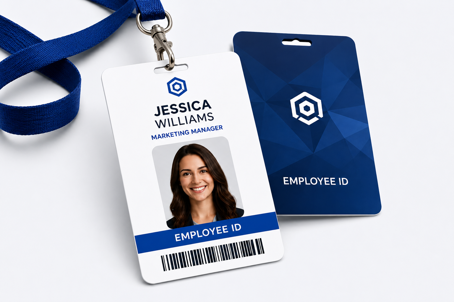 Branded employee photo ID badge on a lanyard with a matching card back