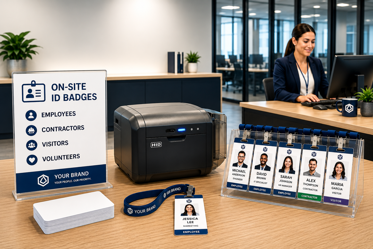 Reception desk with an on-site ID badge printer, blank cards, lanyards and a rack of printed employee, contractor and visitor badges