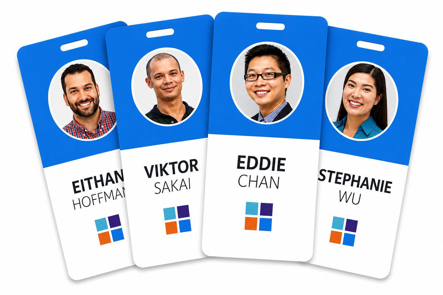 Four laminated, tamper-resistant employee photo ID badges fanned out