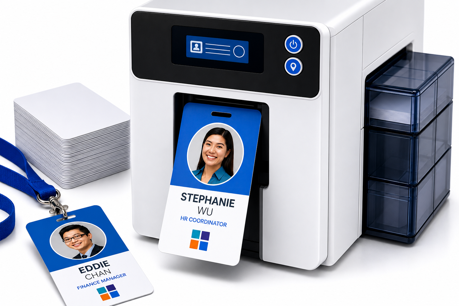Hard badge printer producing a laminated employee photo ID card