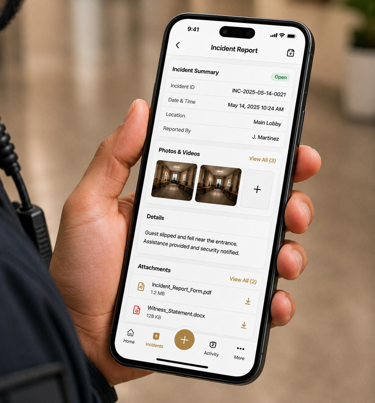 Incident report on the MS SHIFT mobile app with photos and attachments