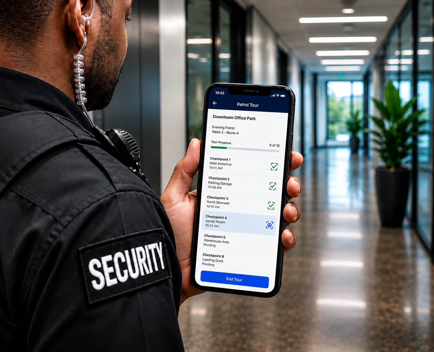 Security officer on patrol using the MS SHIFT mobile app