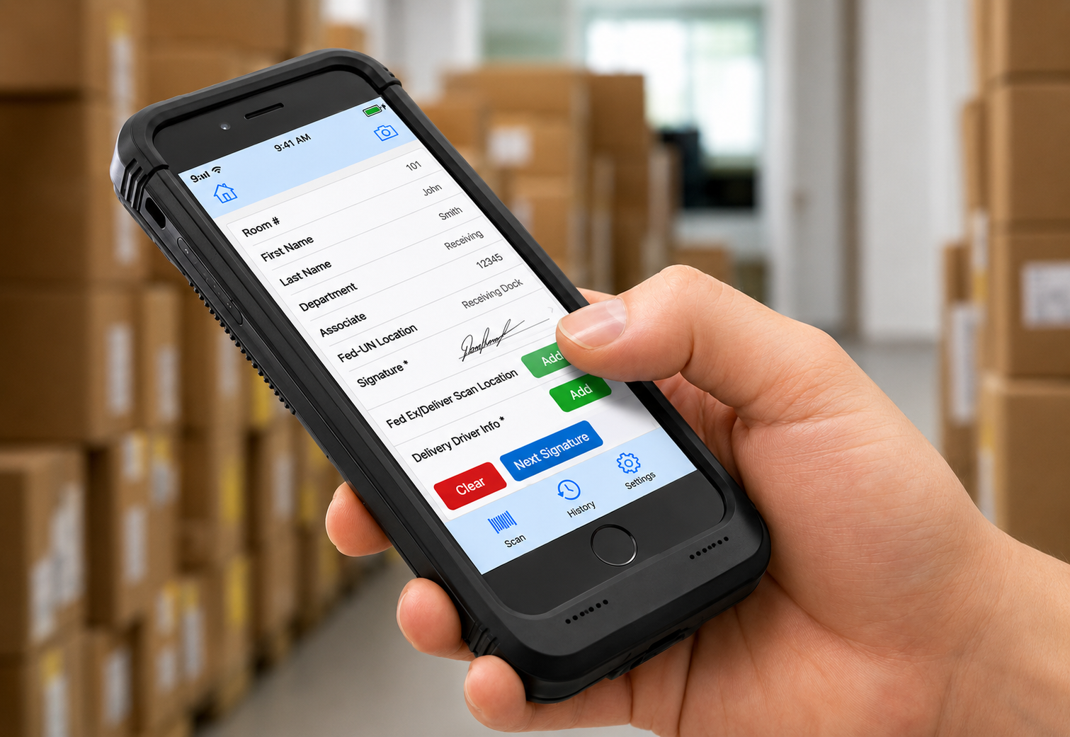 Warehouse associate logging an inbound delivery and capturing a signature on the MS SHIFT mobile app