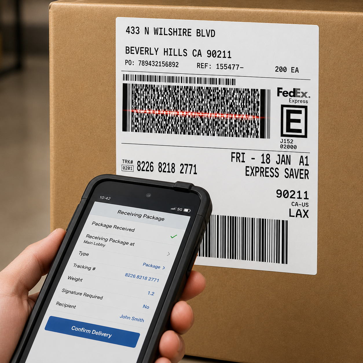 Receiving a FedEx package on the MS SHIFT mobile app, confirming delivery details