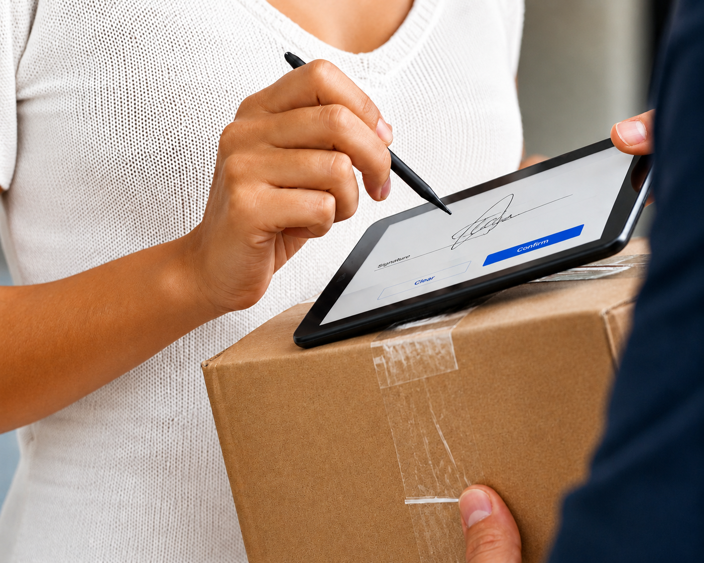Recipient signing for a package delivery on a tablet to confirm release