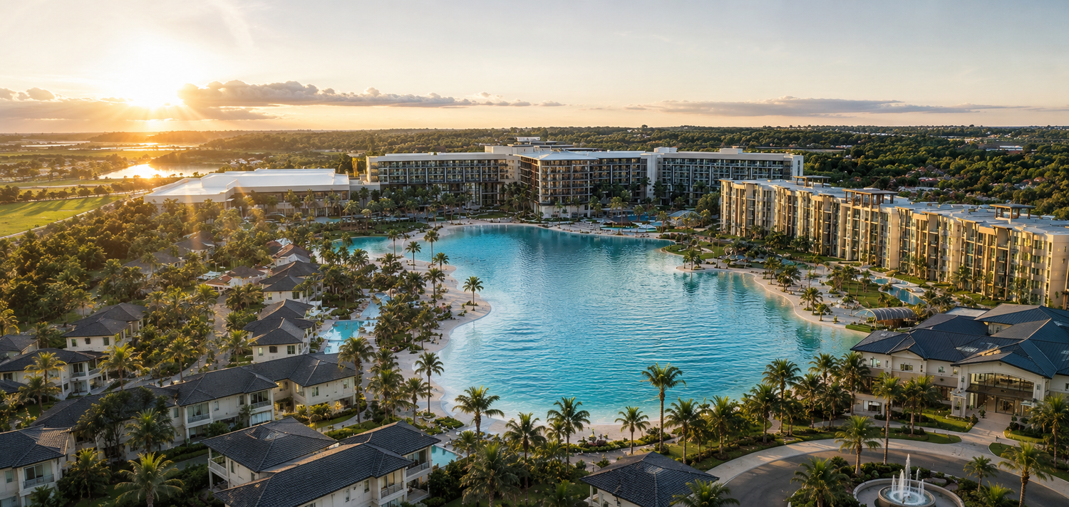 Evermore Resort Orlando at sunset, overlooking the lagoon, villas and hotel tower