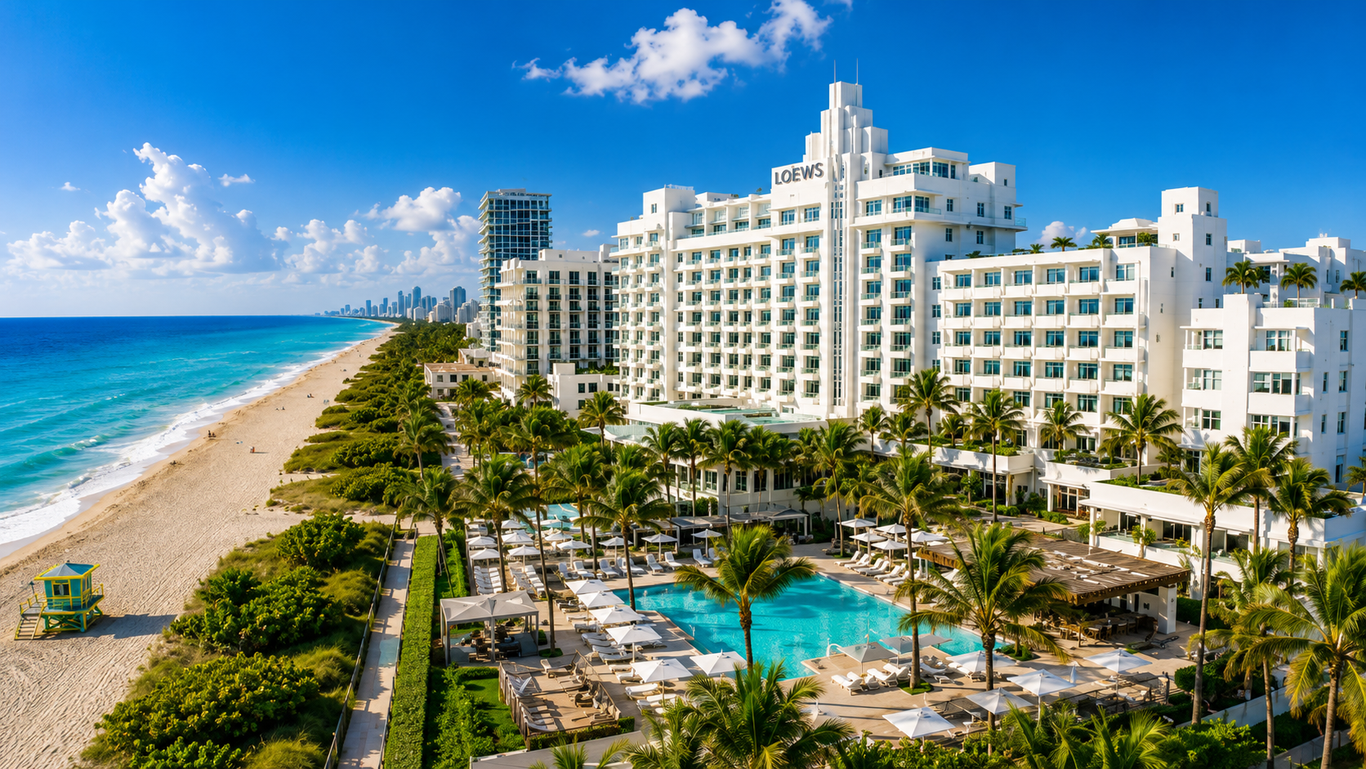 Loews Miami Beach Hotel on the oceanfront, with its pool deck, palms and the Miami Beach shoreline