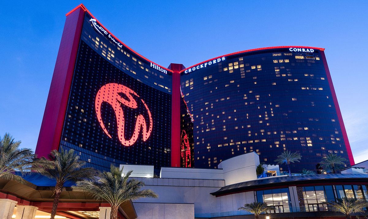 Resorts World Las Vegas on the Las Vegas Strip at dusk