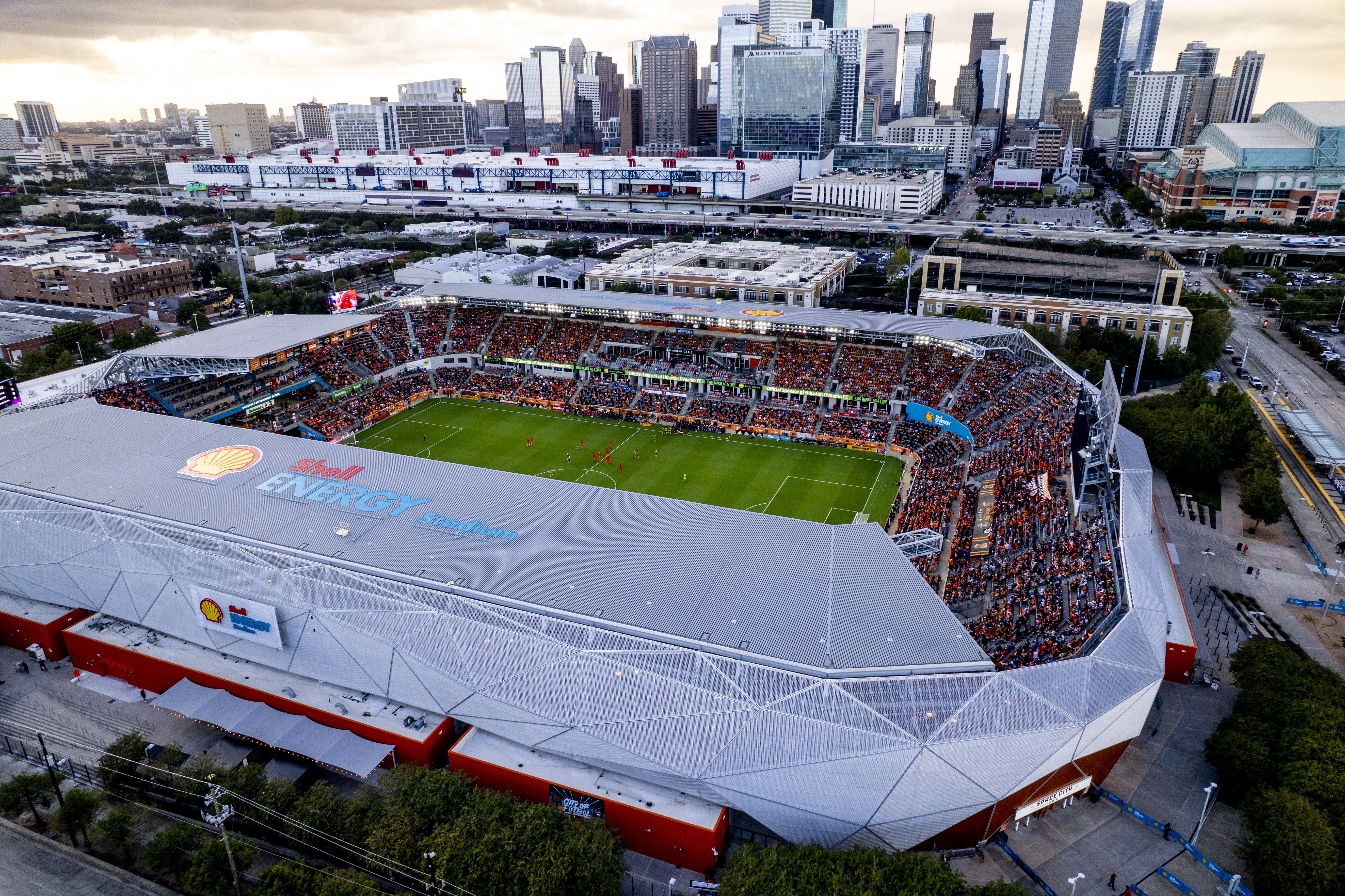 Shell Energy Stadium in Houston at dusk, home of Houston Dynamo FC and Houston Dash