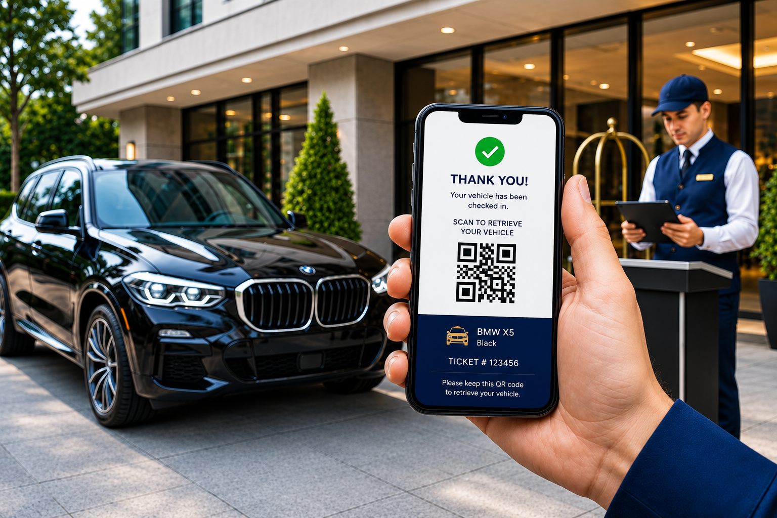 Guest holding a phone with a digital QR valet ticket to retrieve their vehicle