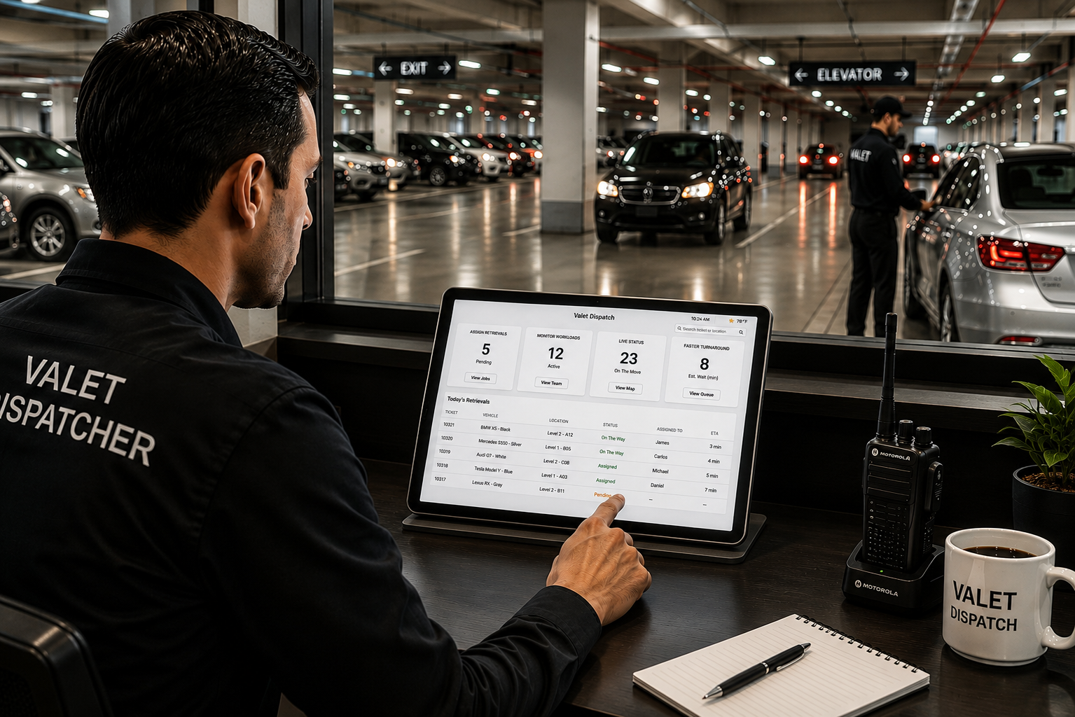 Valet dispatcher monitoring a live retrievals dashboard with assignments, workloads and turnaround times