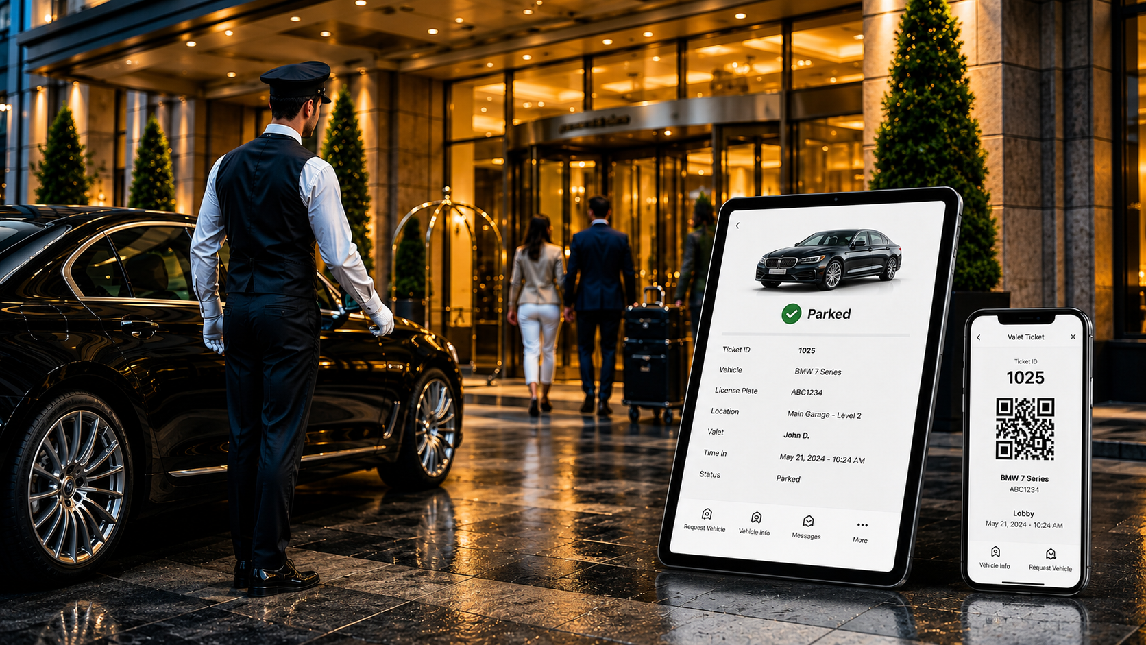 Valet app showing a parked vehicle's status, location and assigned valet