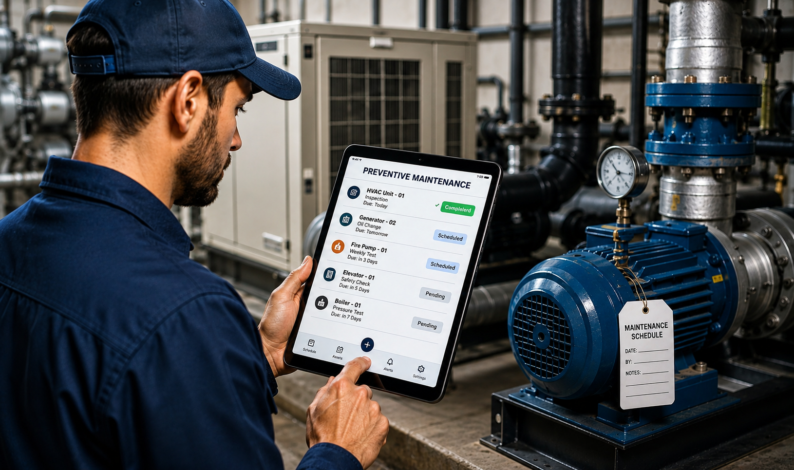 Maintenance technician reviewing a preventive maintenance schedule on a tablet beside plant equipment